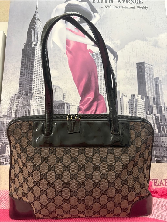 Gucci Handbags - Gucci Brown GG Monogram Shoulder Bag with Dark Patent Trim